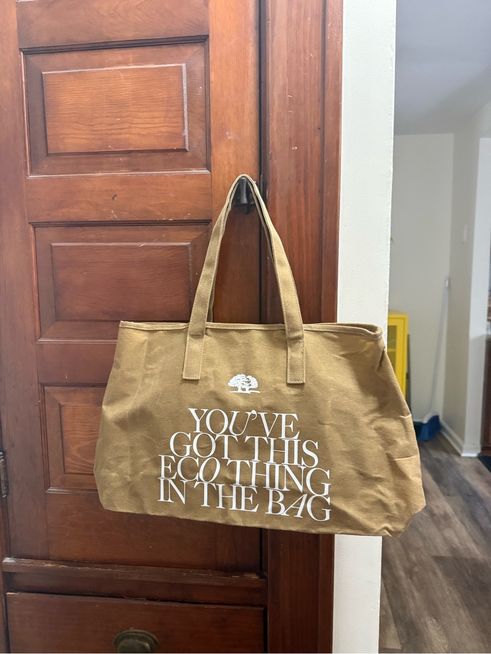 Origins Tan Canvas Tote with White Eco Slogan